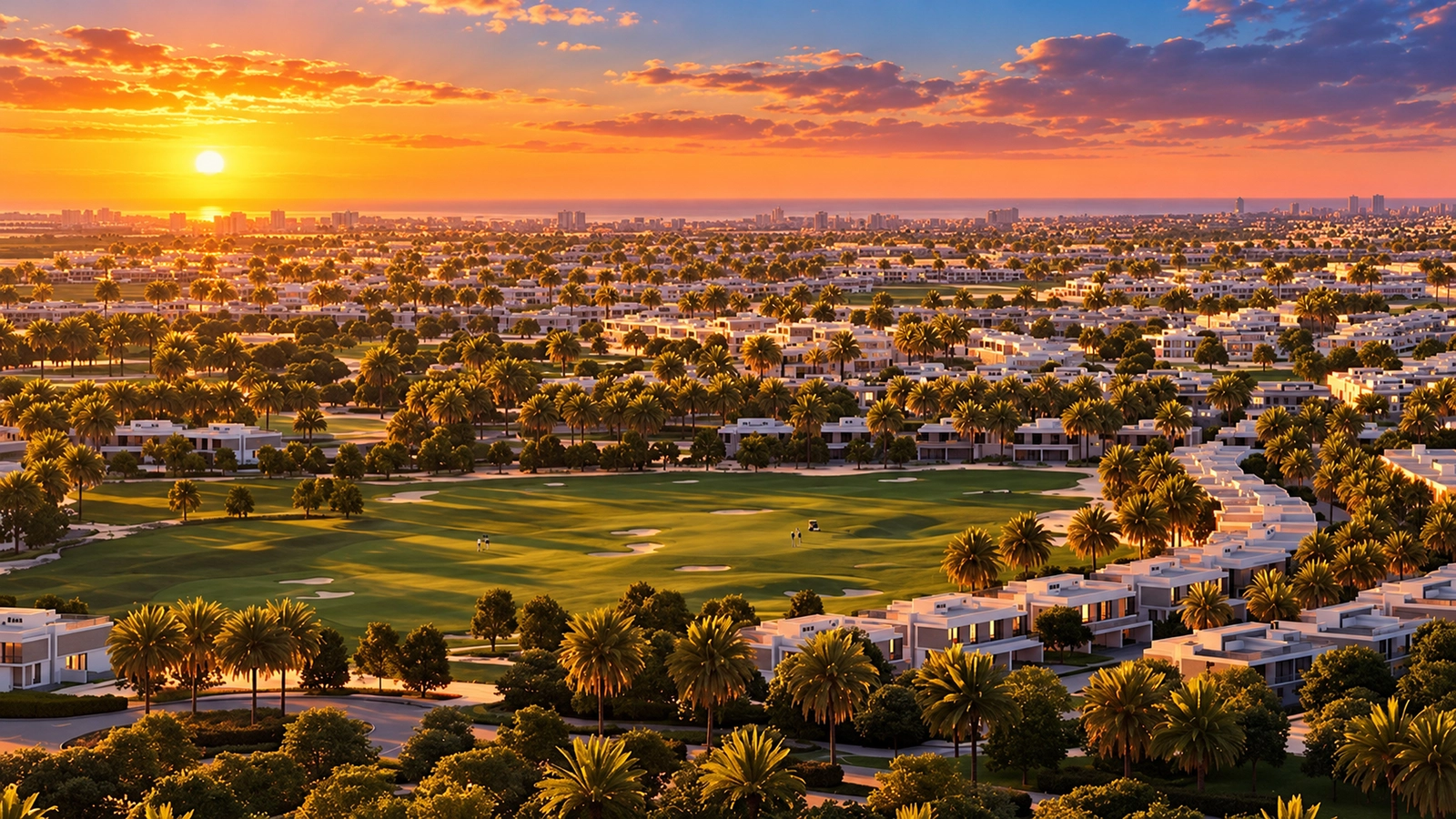 Parcours de golf et résidences de Dubai Hills Estate avec la skyline de Downtown